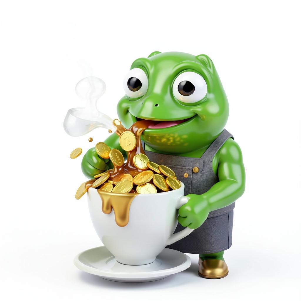 Pepe as a barista pouring a cup overflowing with gold coins