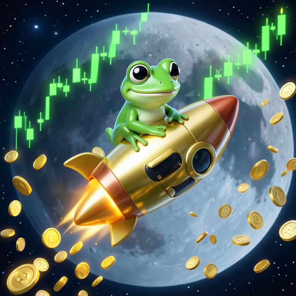 Brew Pepe riding a golden coffee-mug rocket past green candles to the moon